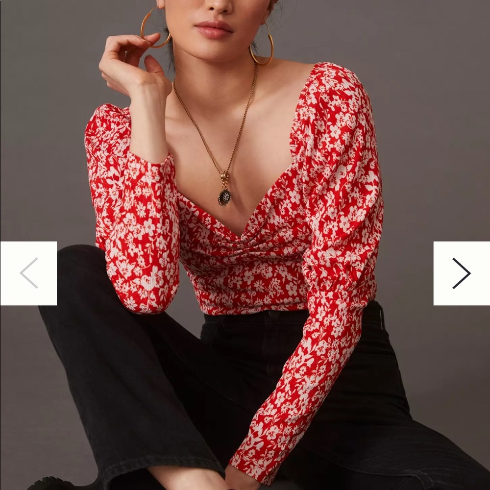 Anthropologie Red and White Floral Sweetheart long sleeve top